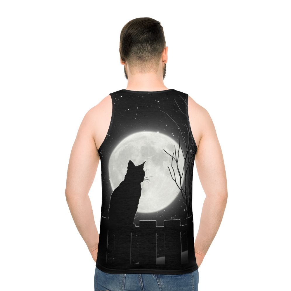 Enchanting cat under the bright moon on a unisex tank top - men back