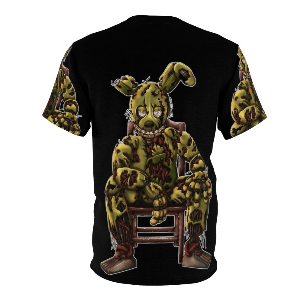 Springtrap, a character from the Five Nights at Freddy's game series, sitting in a chair with a white outline design on a t-shirt. - Back