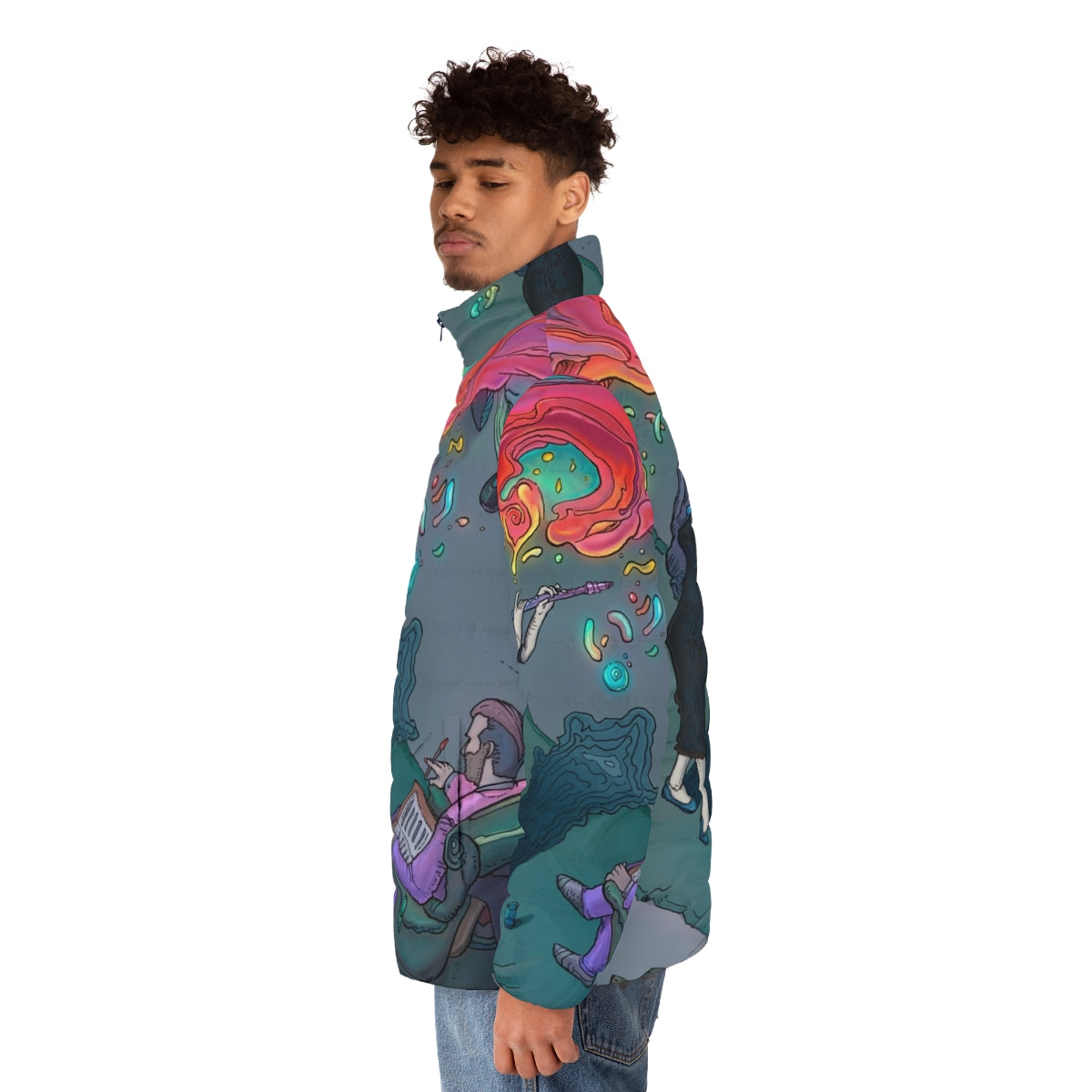 Puffer jacket with musical and artistic design elements - men side left