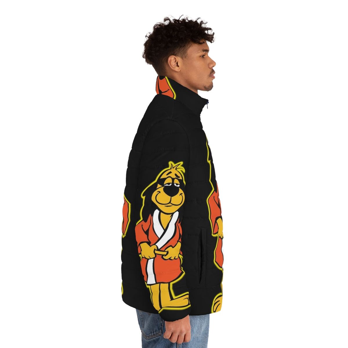 Hong Kong Phooey character wearing a black puffer jacket - men side right