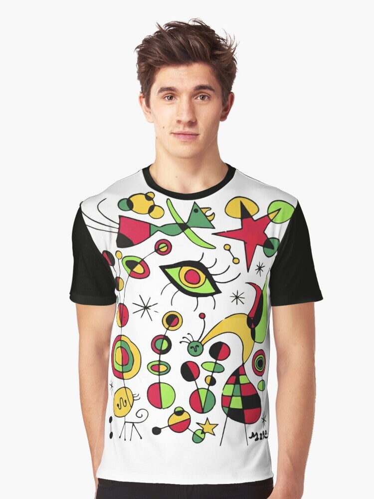 Joan Miro inspired t-shirt design featuring colorful fish in a surrealistic style - Men