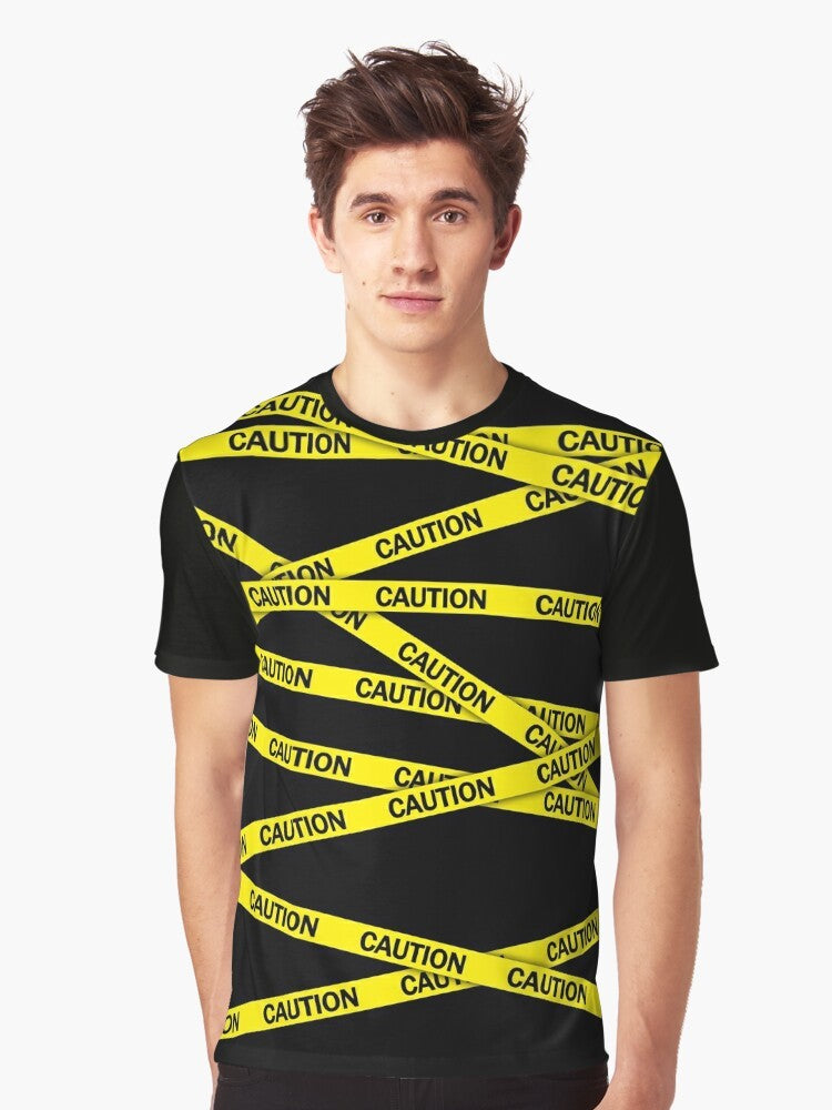 Caution tape graphic t-shirt featuring a bold, bright yellow and black warning design - Men