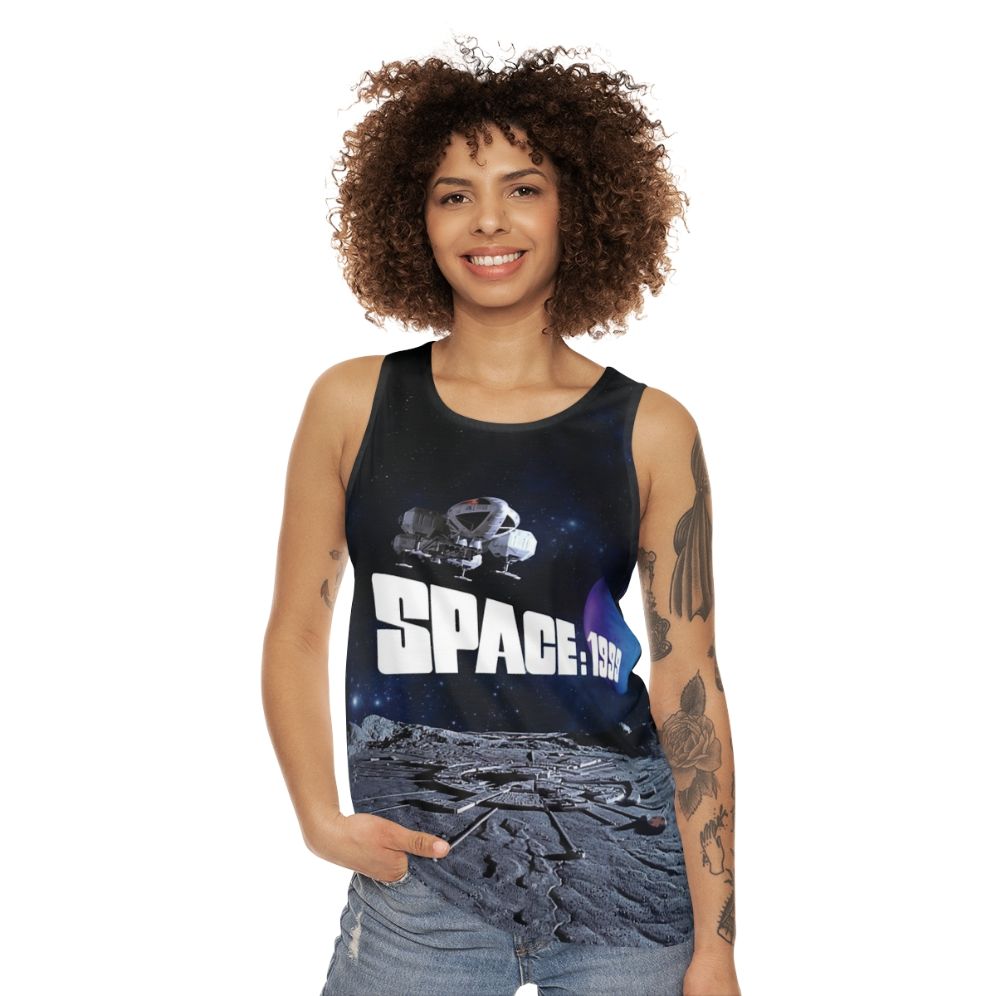 Retro sci-fi unisex tank top with eagle and planet design - women