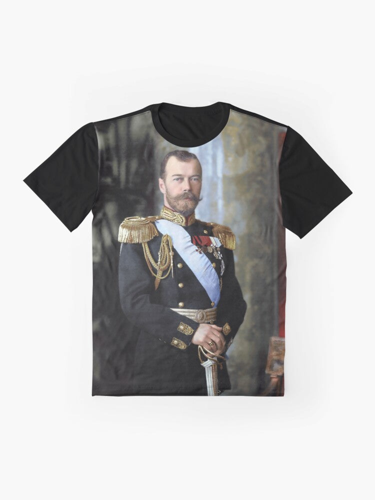 Graphic t-shirt featuring a portrait of Tsar Nicholas II of Russia - Flat lay