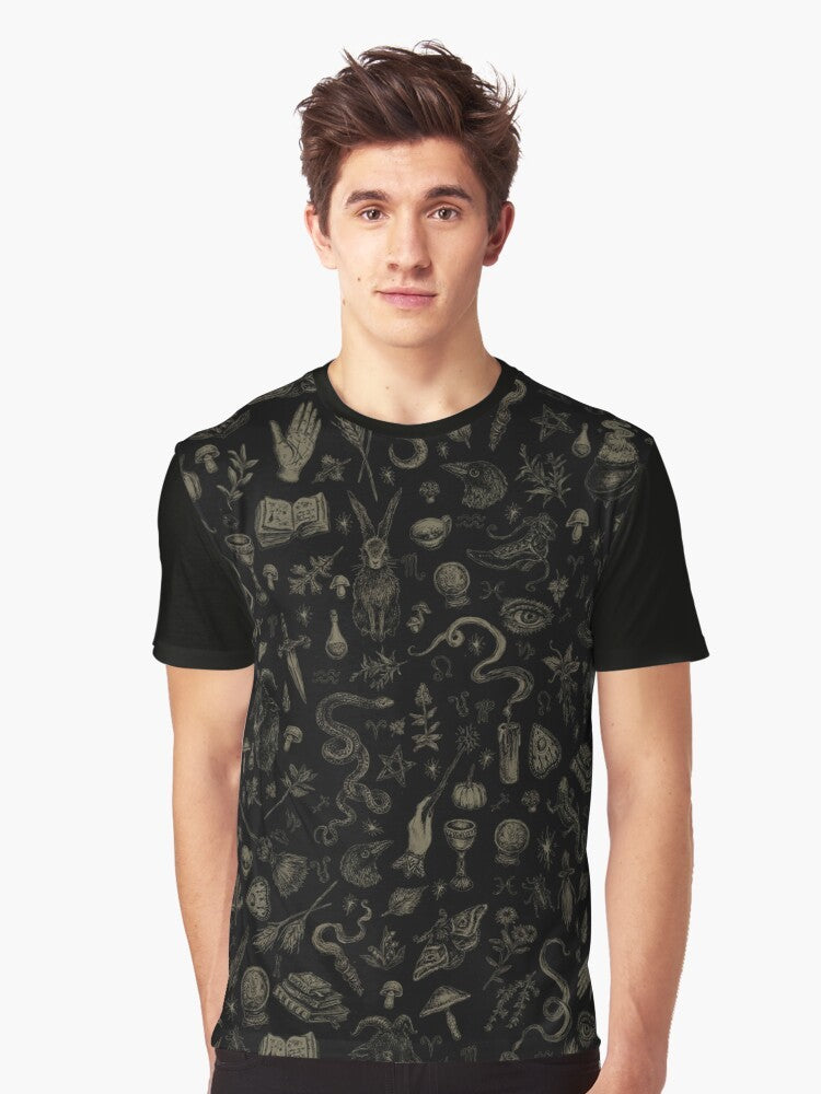 A black and beige graphic t-shirt with the text "Just Witch Things" and various witchy symbols like a rabbit, goat, and moth. - Men