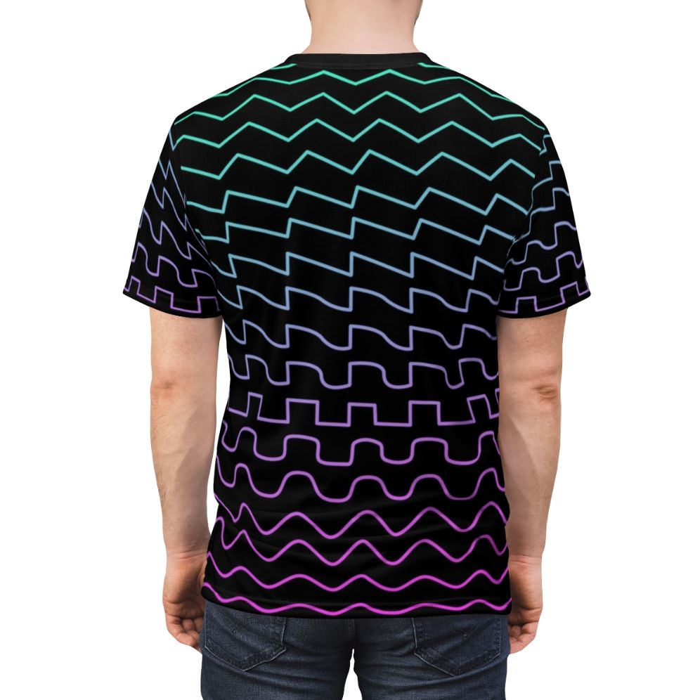 T-shirt featuring a stylized design of common synthesizer waveforms including sine, triangle, square, and saw. - men back