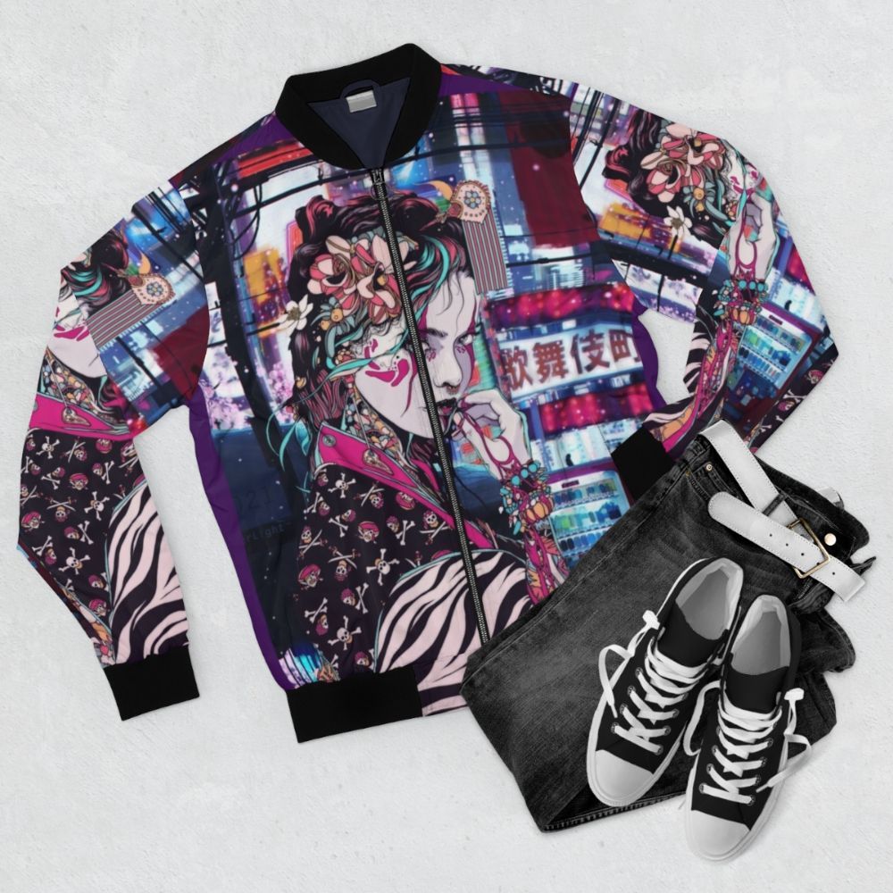 Stylish bomber jacket featuring a beautiful geisha character in the streets of Tokyo - Flat lay