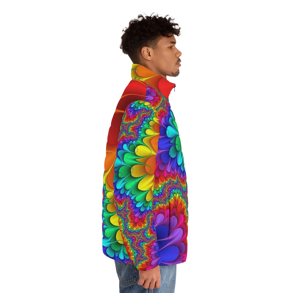 Psychedelic rainbow puffer jacket with vibrant colors and patterns - men side right