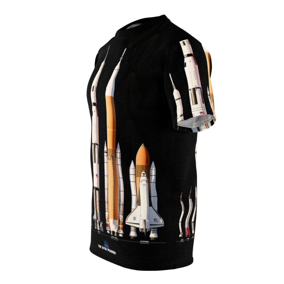 Black t-shirt with a graphic design featuring various NASA rockets and spacecraft on a dark background - men left