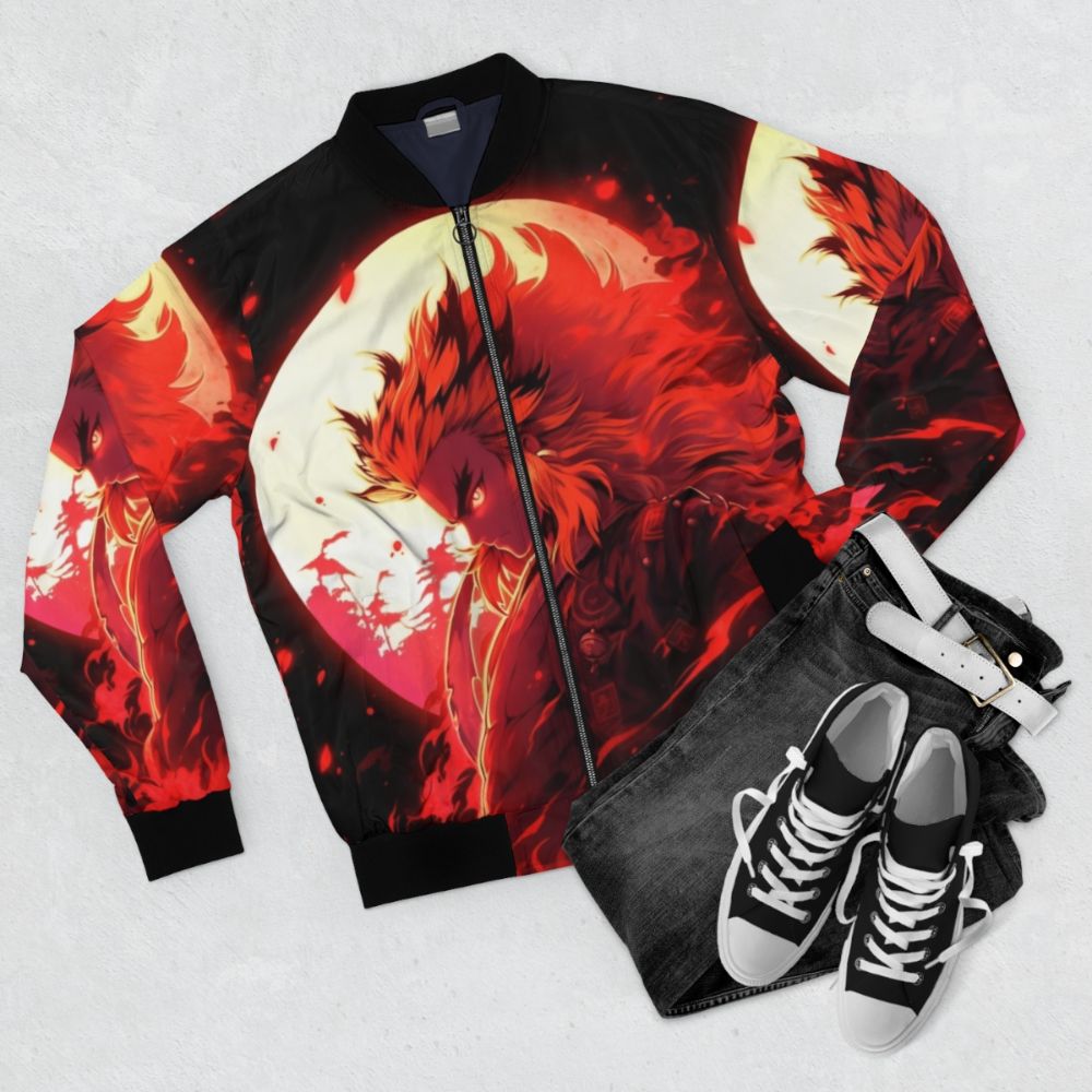 Flame Slayer Demon Slayer Bomber Jacket featuring fire and smoke design - Flat lay