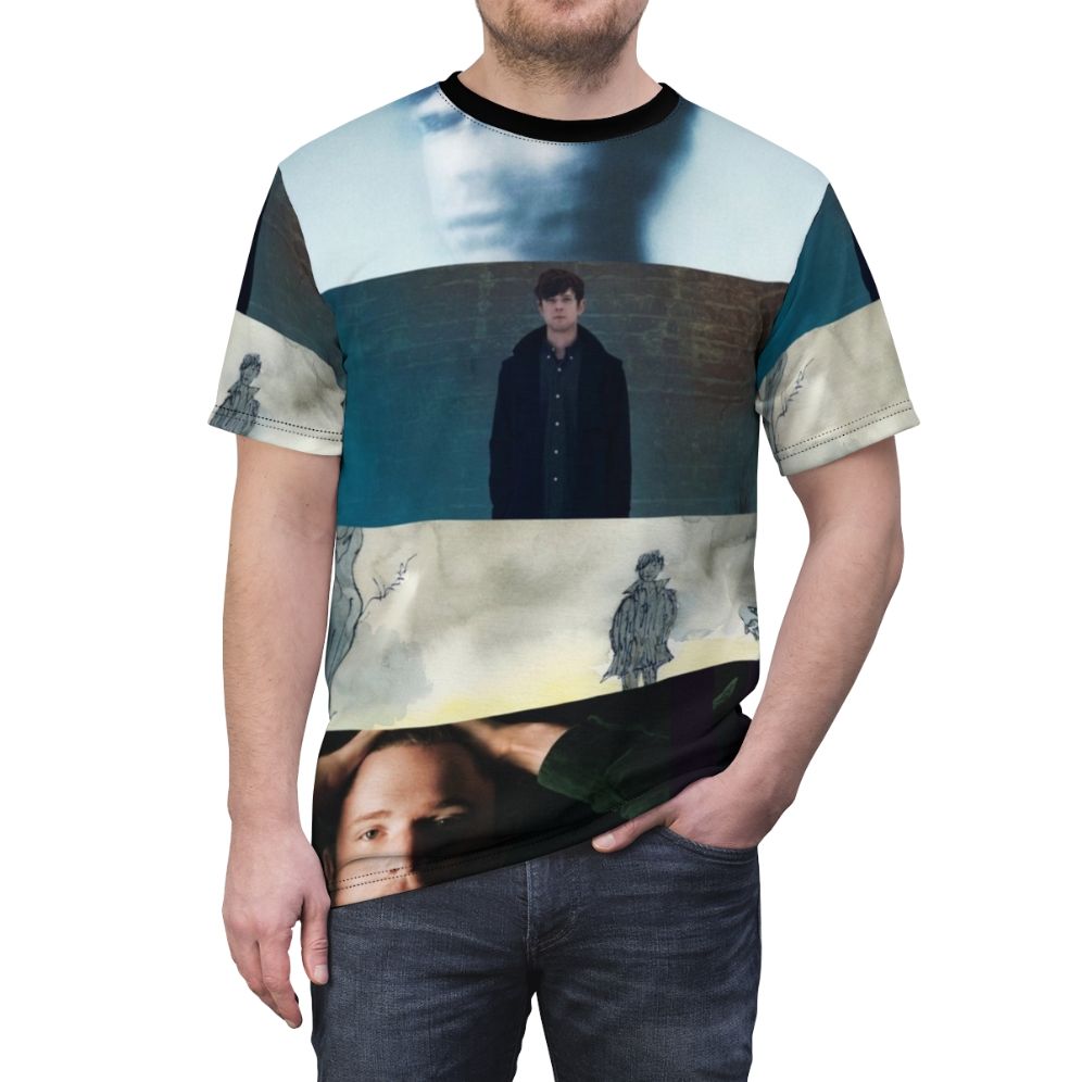 Stylish t-shirt featuring James Blake album artwork and alternative music references. - men front