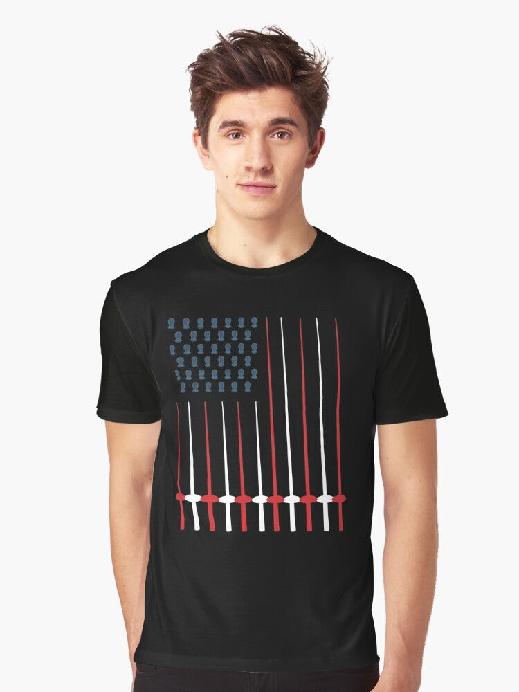 Patriotic fencing USA flag graphic t-shirt design with sword and fencing elements - Men