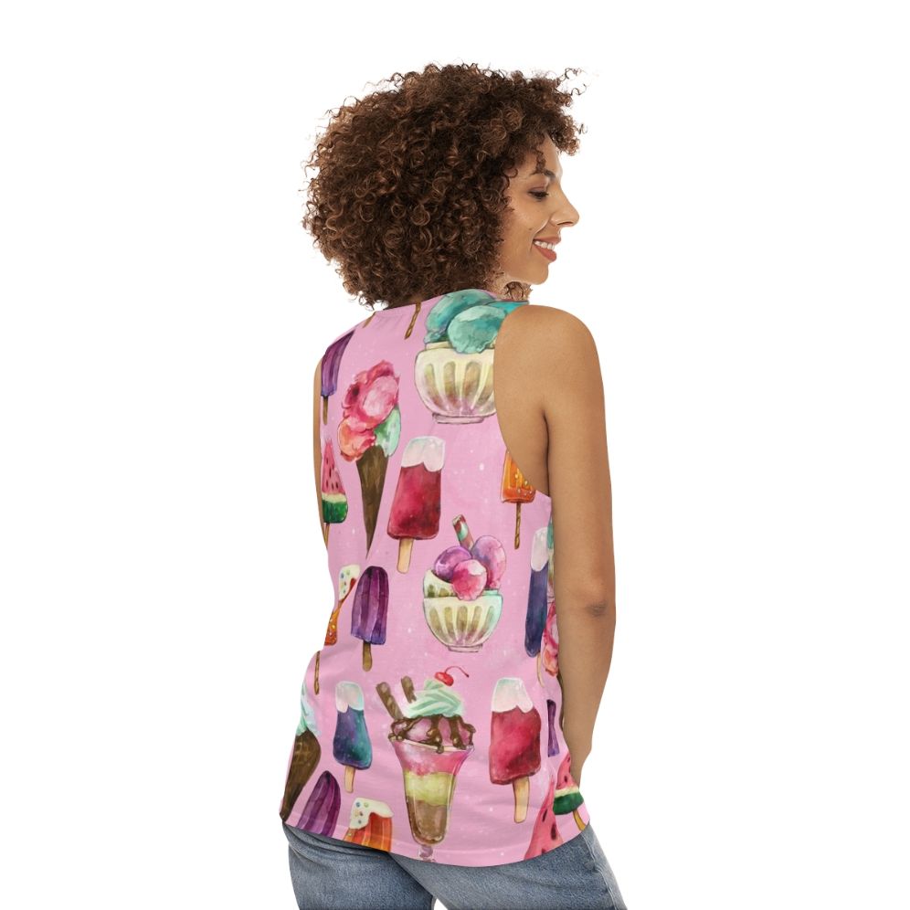 Model wearing an ice cream pattern unisex tank top - women back