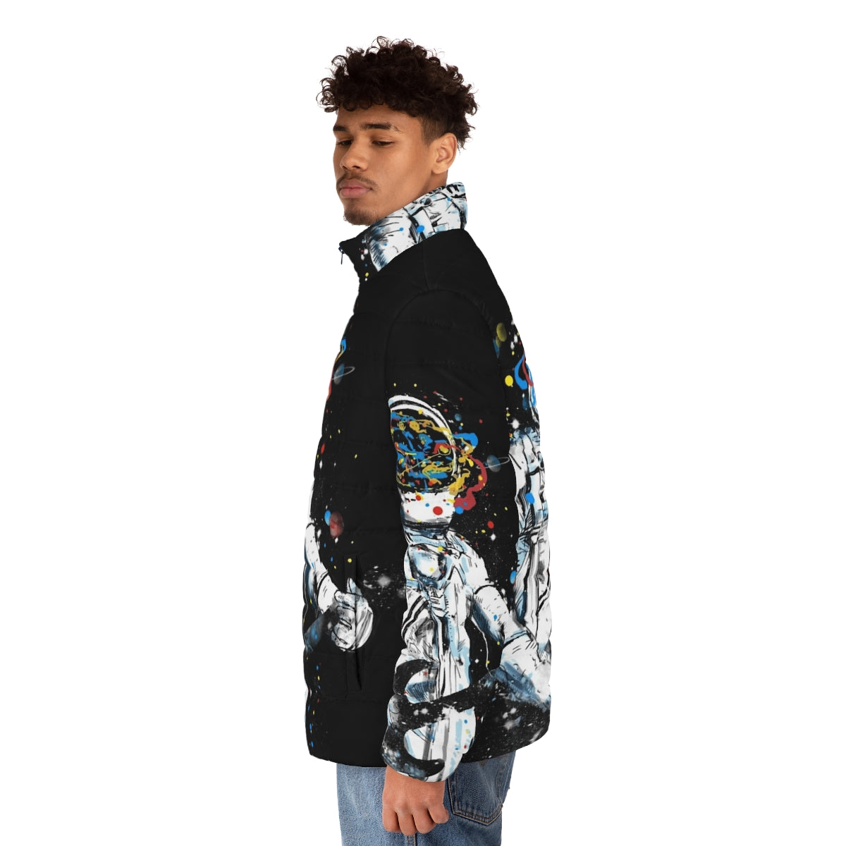 Space guitar puffer jacket with astronaut design - men side left