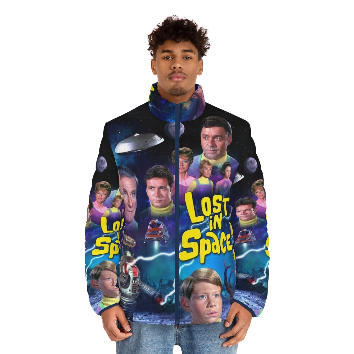 Lost In Space Season 3 Puffer Jacket featuring the show's logo and space exploration imagery - men front