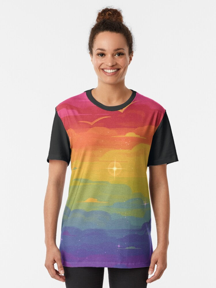 Gay Pride Skies Graphic T-Shirt featuring a colorful rainbow design - Women