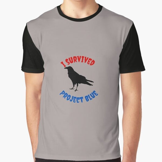 Graphic t-shirt with text "I survived Project Blue" and references to The Stand by Stephen King