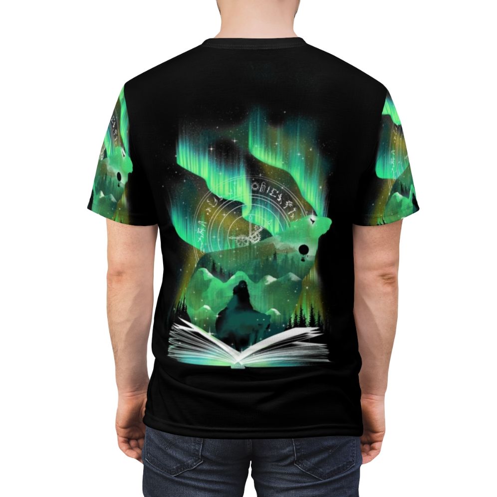 A cozy t-shirt featuring a fantasy fiction book themed design - men back