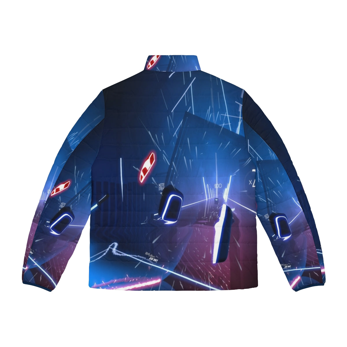 A person wearing a virtual world puffer jacket with neon lights and cyberpunk design - Back