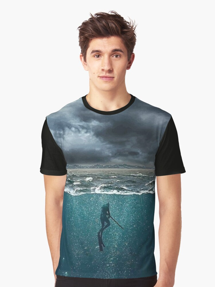 Spearfishing graphic t-shirt featuring an underwater hunting design with marine life elements - Men