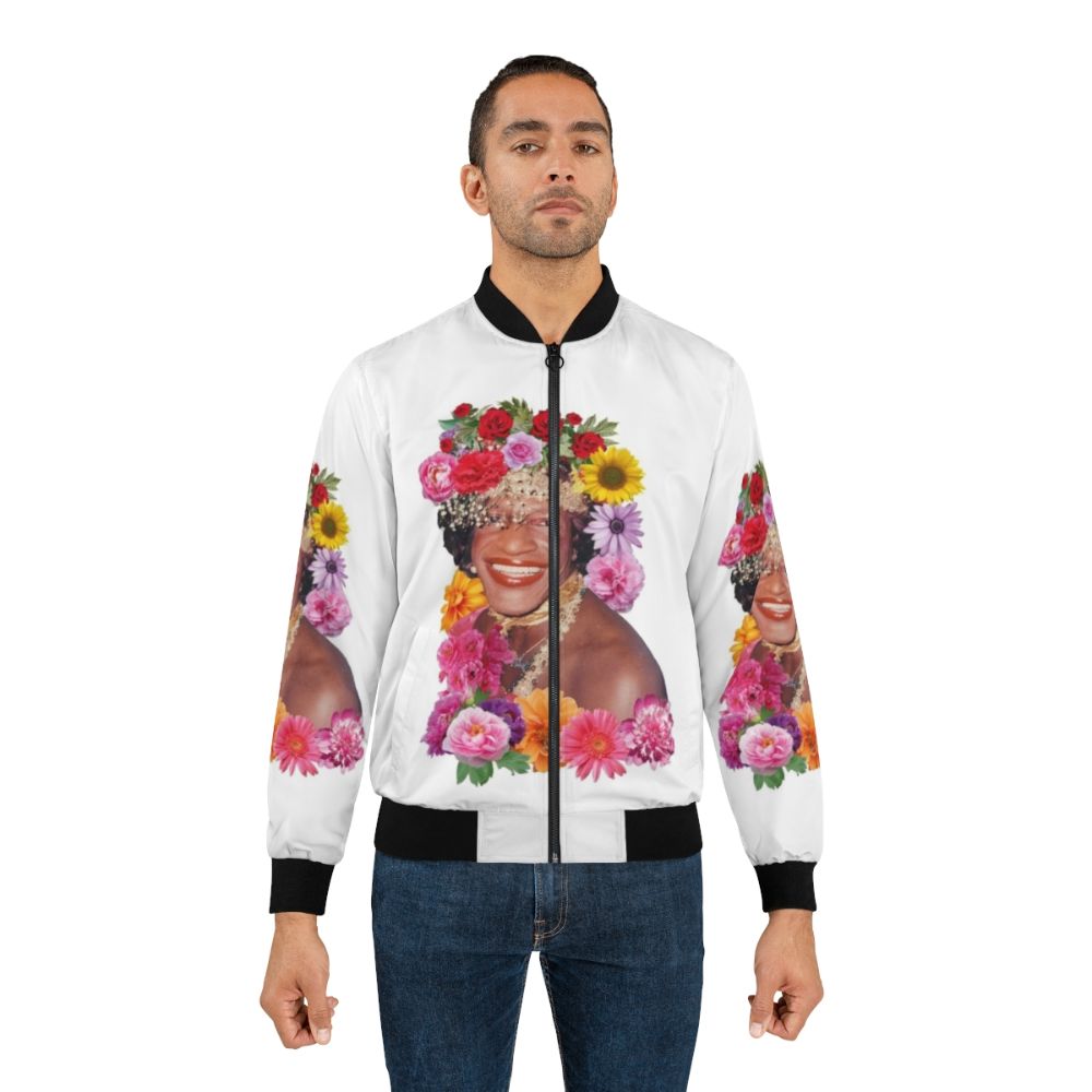 Marsha P. Johnson Floral Pride Bomber Jacket featuring a colorful floral design and "Marsha P. Johnson" text - Lifestyle