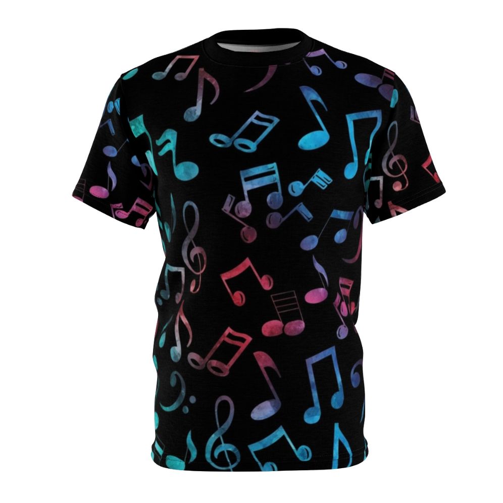 Vibrant multi-color music notes pattern design on a t-shirt, perfect for musicians and music lovers.