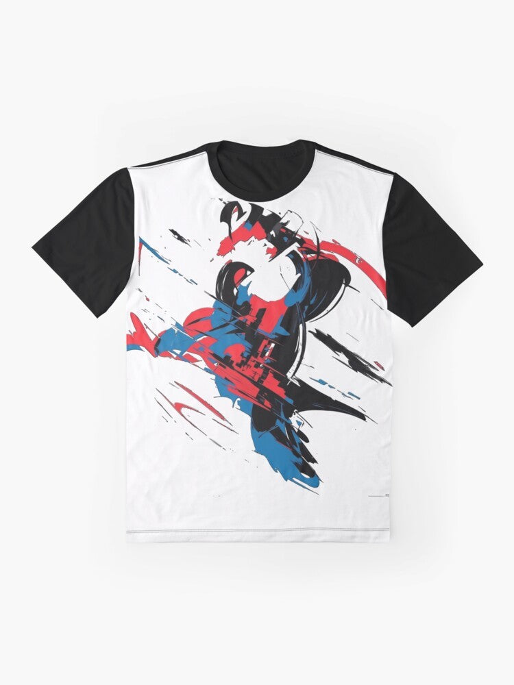 Stylish graphic t-shirt featuring Miguel O'Hara, the Spider-Man of the Spider-Verse 2099 universe. - Flat lay