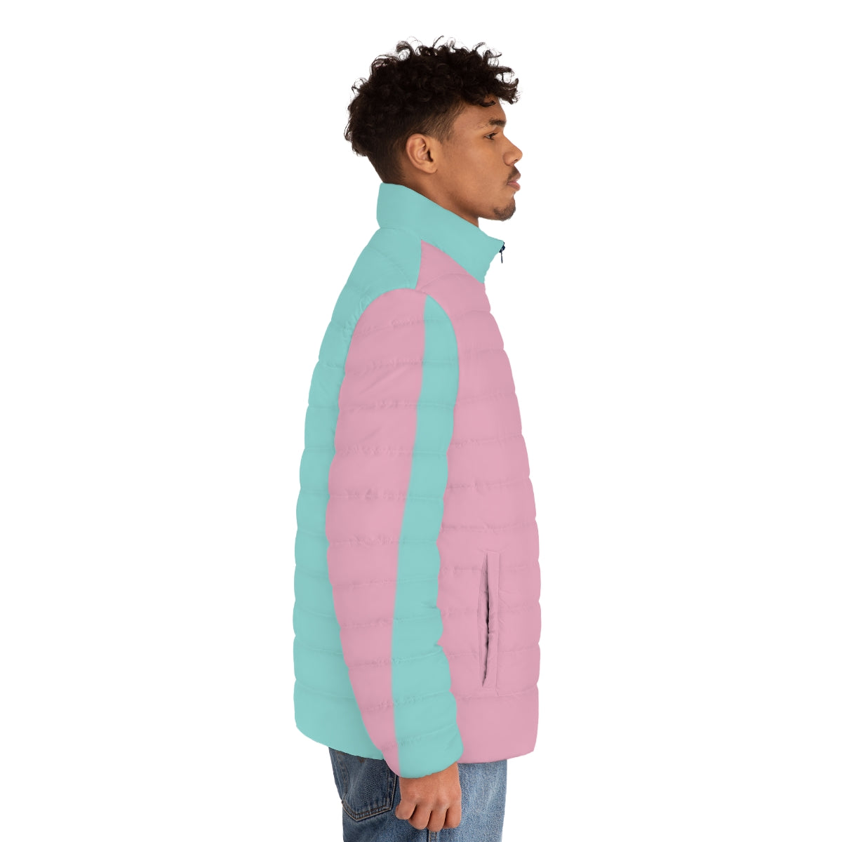 Half pink and blue colorblock puffer jacket - men side right