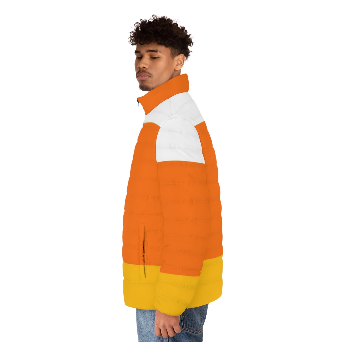 Candy corn inspired puffer jacket, perfect for Halloween and fall festivities - men side left