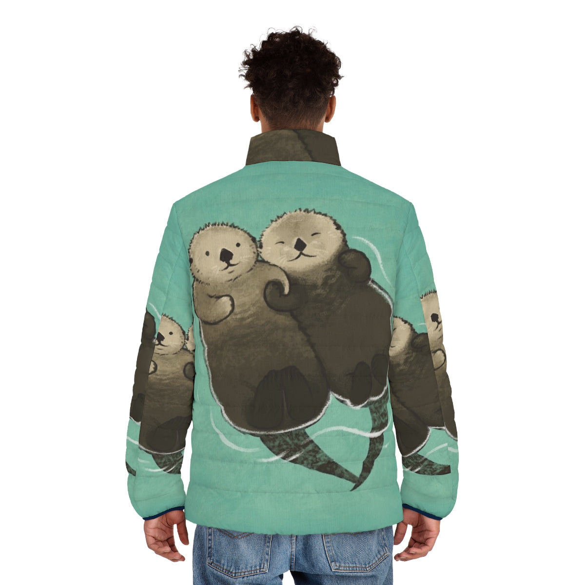 Otters holding hands printed on a puffer jacket - men back