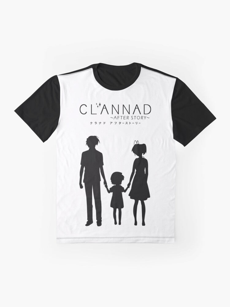 Clannad ~After Story~ graphic t-shirt featuring Nagisa Furukawa and Tomoya Okazaki from the popular anime series - Flat lay