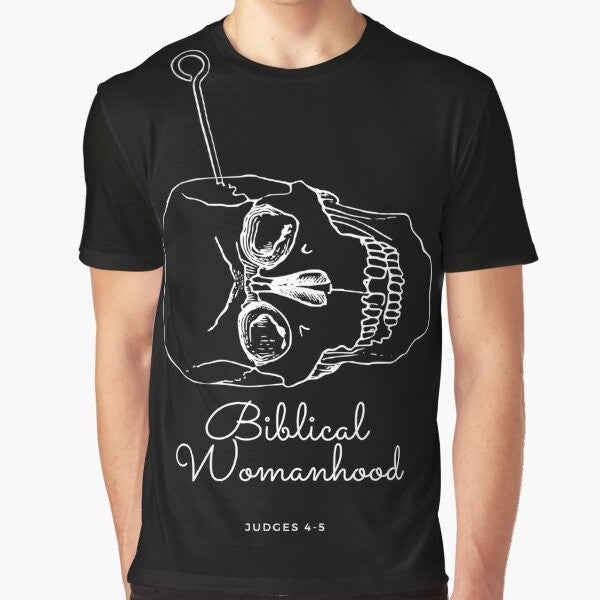 A white graphic t-shirt with the text "Biblical Womanhood" in a bold font