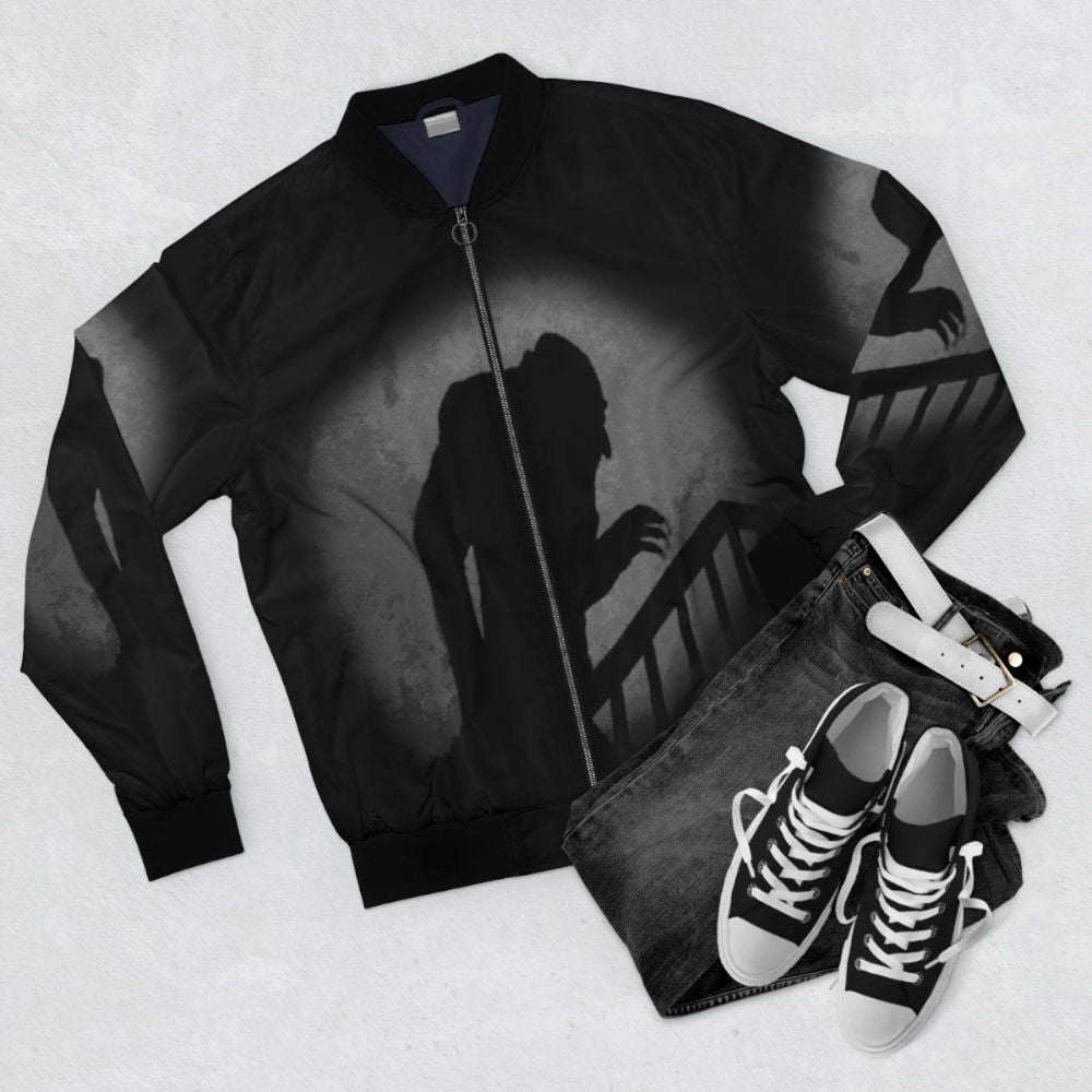 Nosferatu Silhouette Horror Bomber Jacket - Flat lay