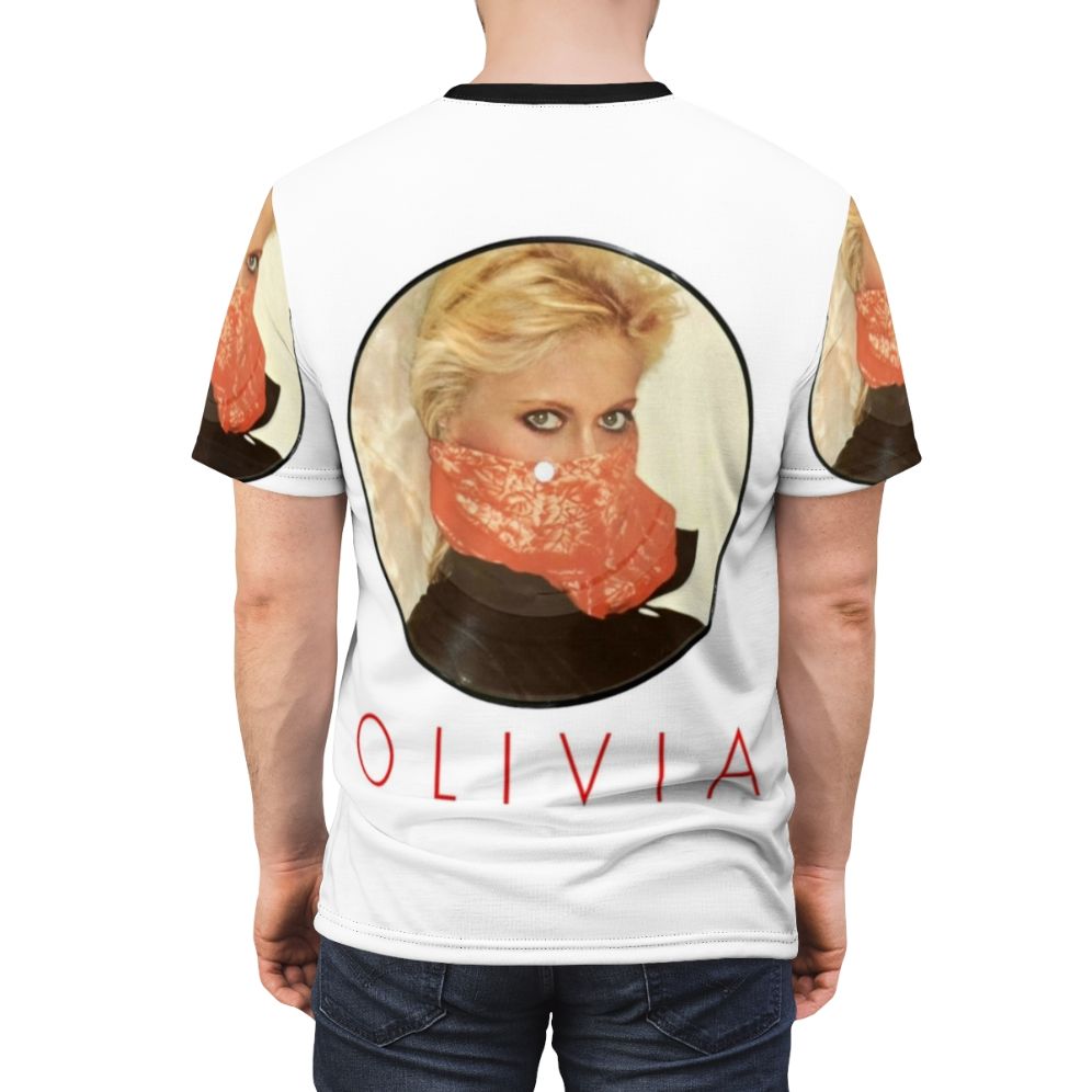 Olivia Newton-John inspired bandana t-shirt featuring retro 1970s disco and pop music vibes - men back