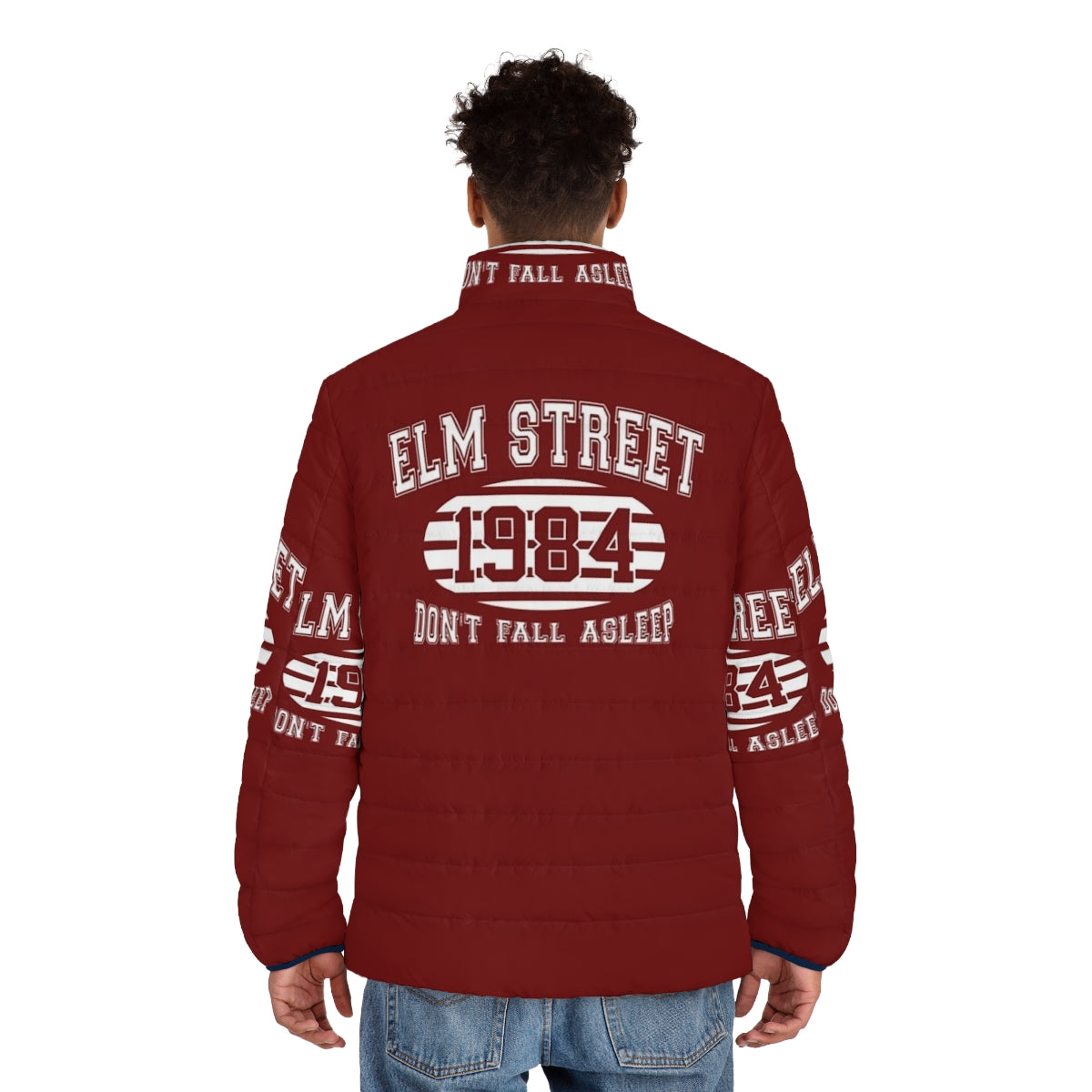 Elm Street College Puffer Jacket featuring Freddy Krueger design - men back