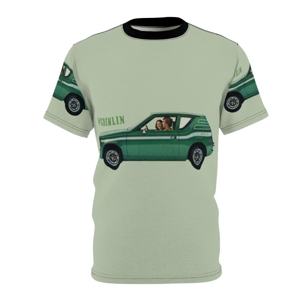 A vintage-style t-shirt featuring a retro green gremlin car design in a cool, striped pattern.