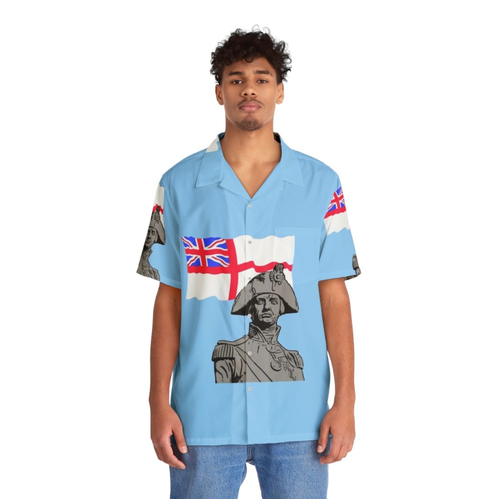 Horatio Nelson Hero Hawaiian Shirt featuring the British Royal Navy white ensign - People Front