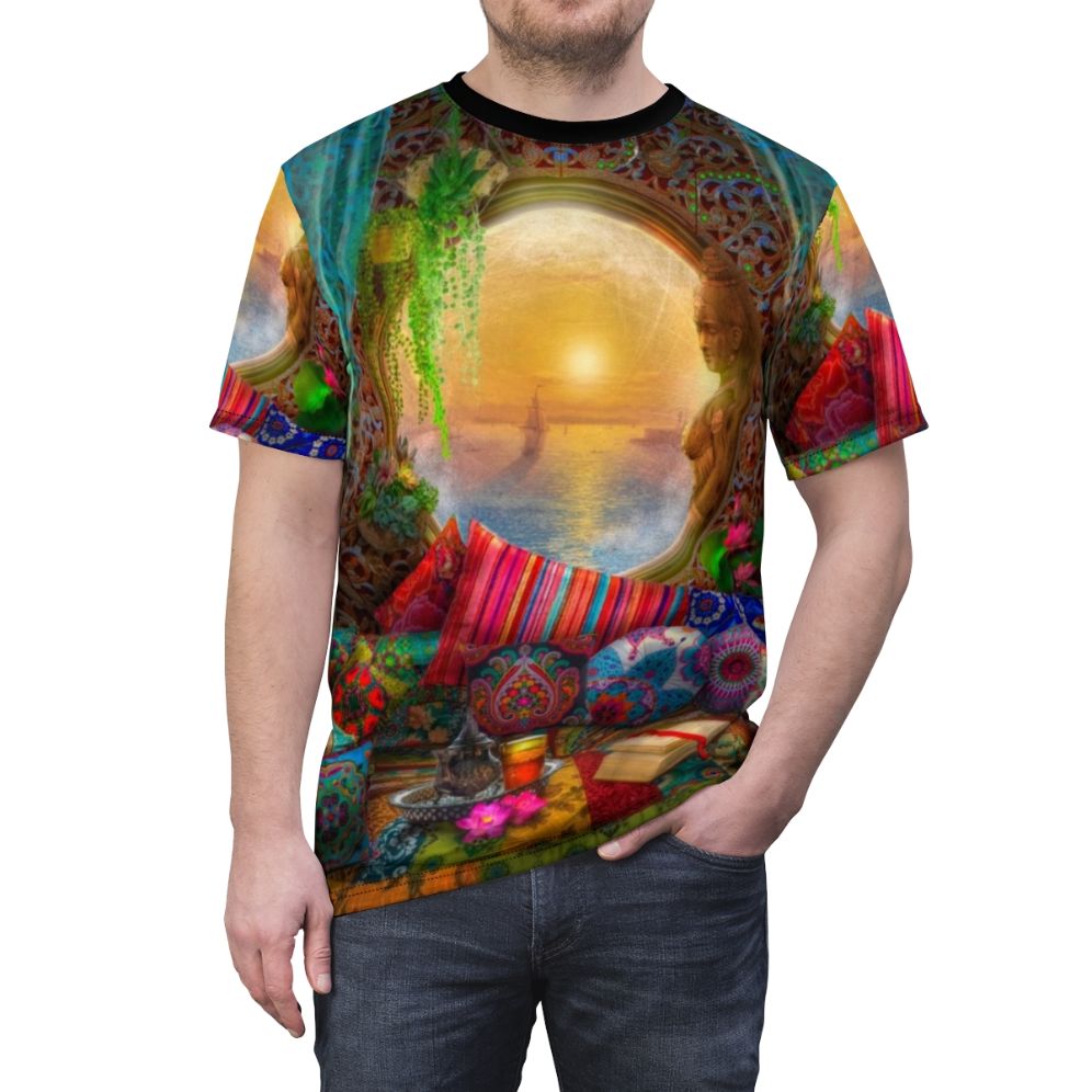 Vibrant all-over-print t-shirt featuring a bohemian-inspired oasis design with ocean, tea, and book elements. - men front