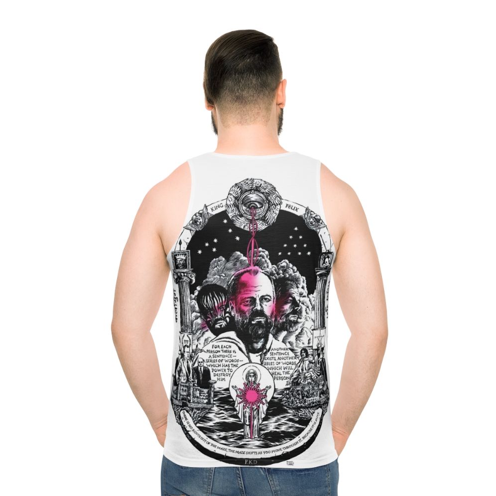 Unisex science fiction tank top featuring monochrome robot design - men back