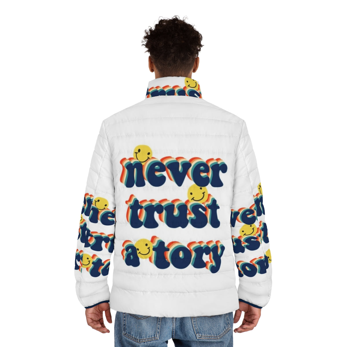 "Anti-Tory Puffer Jacket with 'Never Trust a Tory' slogan" - men back