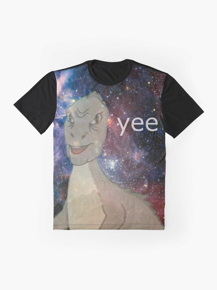 Vintage-style graphic t-shirt featuring a cosmic t-rex dinosaur meme design - Flat lay