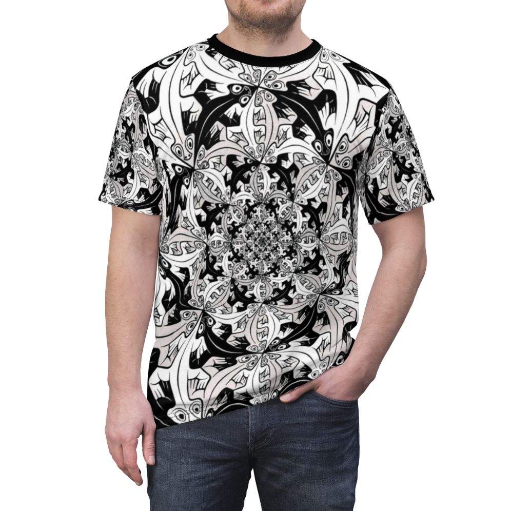 T-shirt featuring a surreal, geometric design inspired by the artwork of M.C. Escher - men front