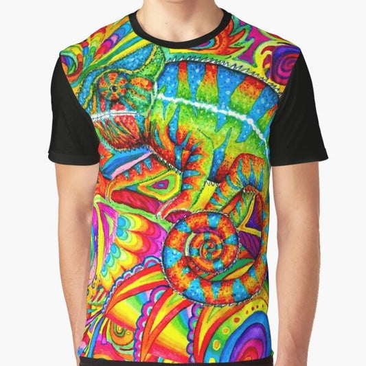 Colorful and vibrant psychedelic chameleon graphic on a t-shirt