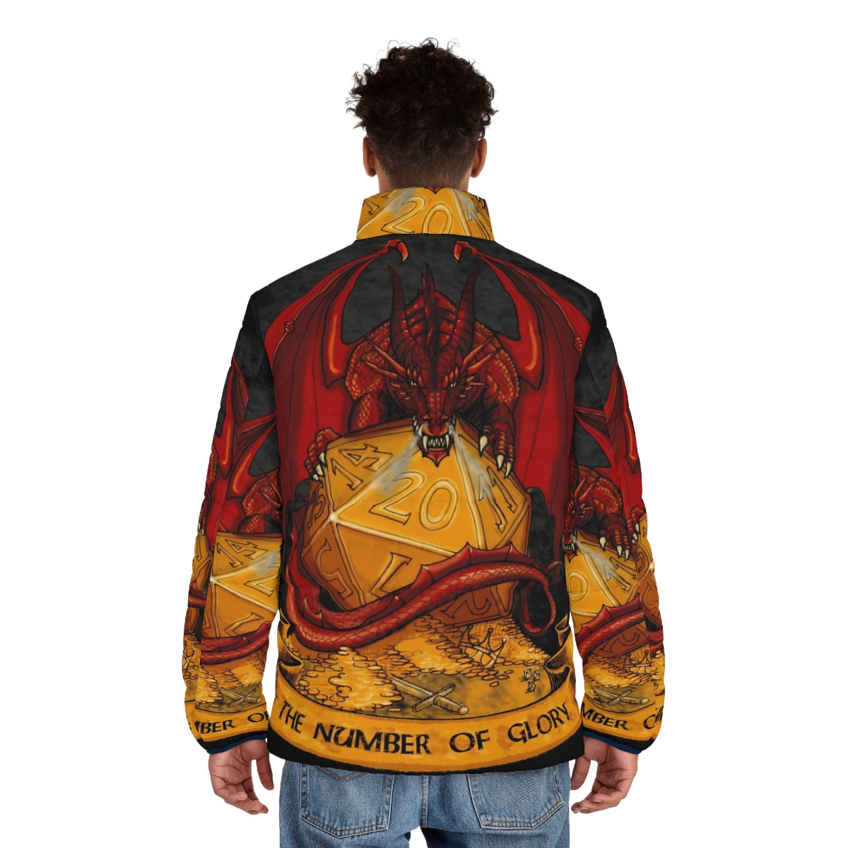 Roll The Dice Puffer Jacket featuring a bold dice and dragon design - men back