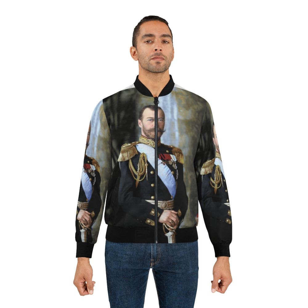 Tsar Nicholas II of Russia portrait printed on a black bomber jacket - Lifestyle