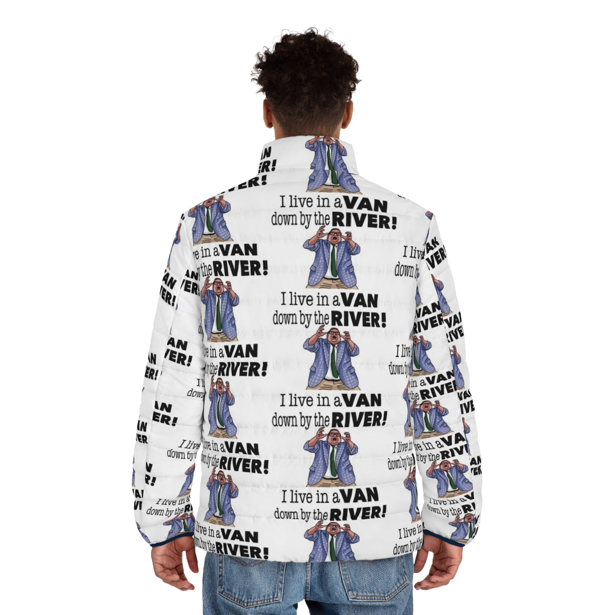 Matt Foley Raised Hands Puffer Jacket, featuring Chris Farley's iconic SNL character - men back