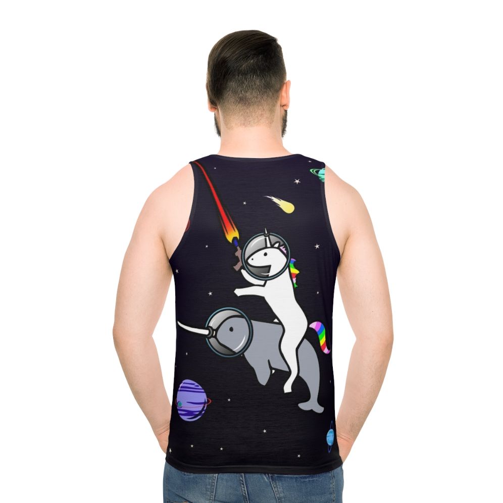 Unicorn riding a narwhal in space - men back