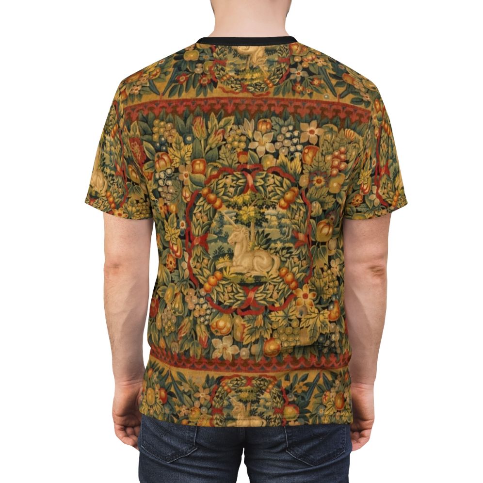 Detailed medieval-style illustration of a unicorn surrounded by a floral tapestry design on a t-shirt - men back