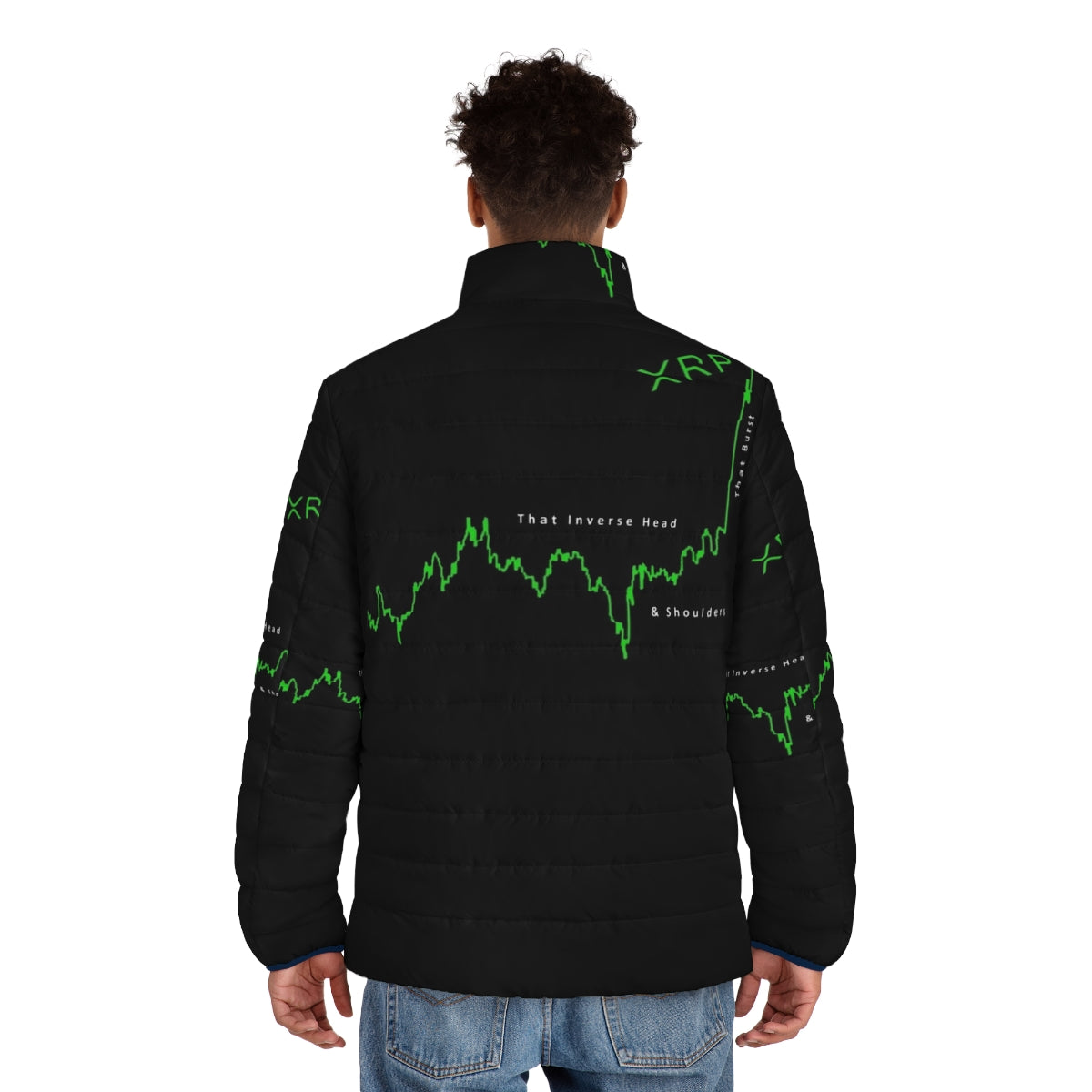 XRP Inverse H&S Edition Crypto Puffer Jacket featuring the Ripple cryptocurrency logo - men back