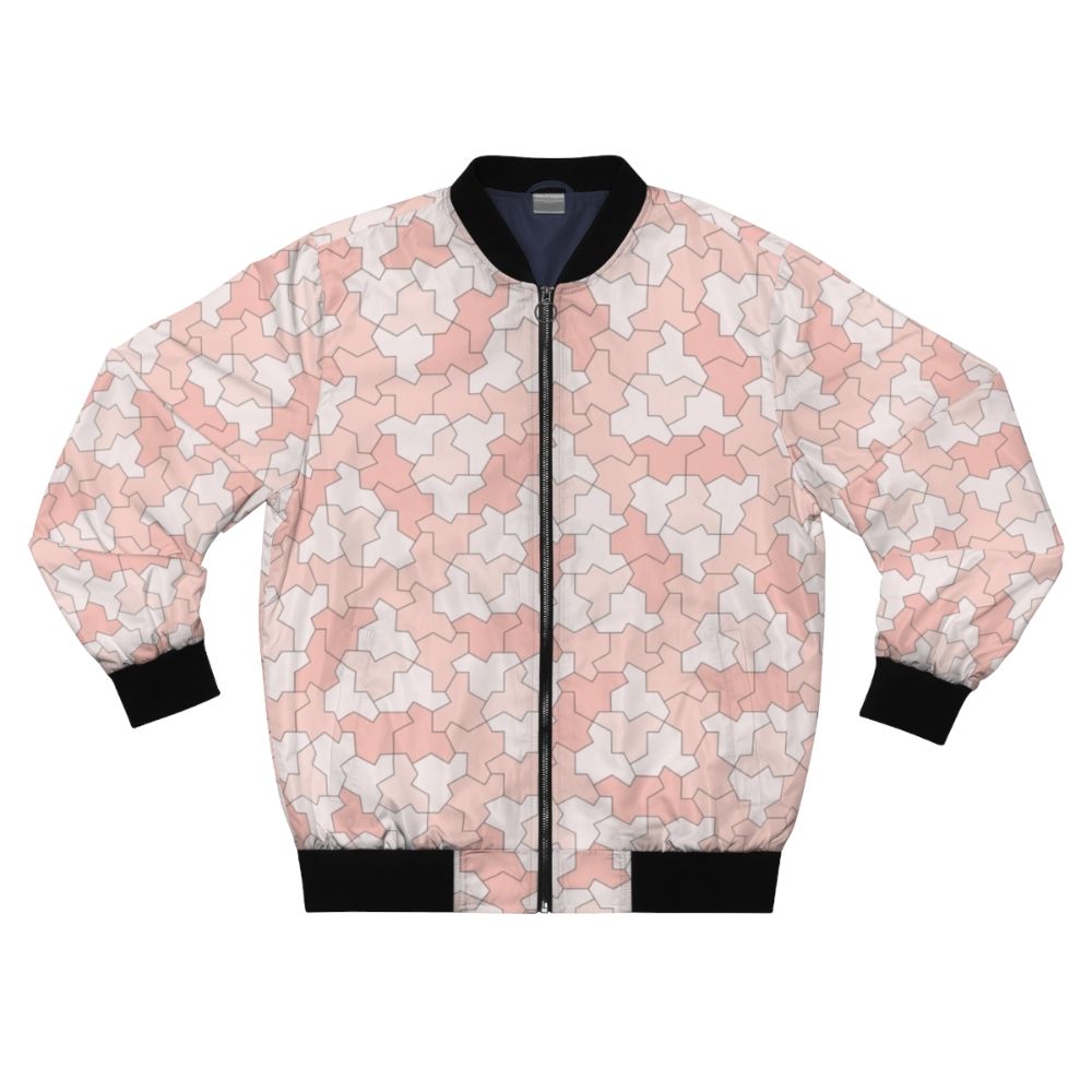 Geometric bomber jacket featuring aperiodic monotile Einstein shapes in peach and pink tones